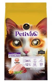 Petiva Tavuklu Kısırlaştırılmış Az Tahıllı Yetişkin Kedi Maması 500 gr