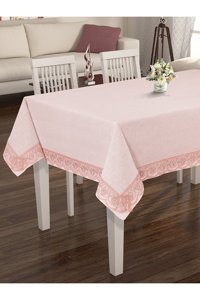 Tropikhome Dantel Detaylı Polyester 150 x 220 cm Dertsiz Kare Masa Örtüsü Pembe
