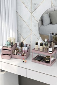 Pufwin Home Exclusive 2 Katlı 2 Çekmeceli 3'lü Makyaj Organizeri Rose
