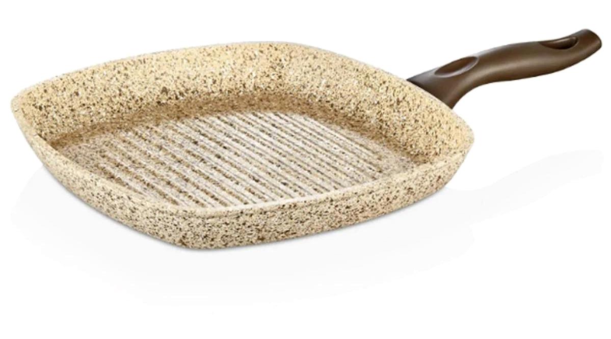 Falez Kare Plastik Saplı Alüminyum Döküm 28x28 cm Grill Tava Krem