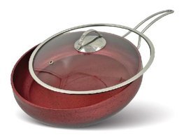Leydi Kapaklı Çelik Saplı Granit 28 cm Düz Tava Kırmızı