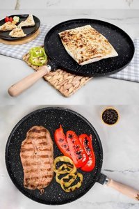 Yıldız Çelik Ahşap Saplı Döküm 36 cm Gözleme Tava Siyah