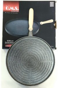 O.M.S Çift Taraflı Ahşap Saplı Döküm 34 cm Grill Tava Gri