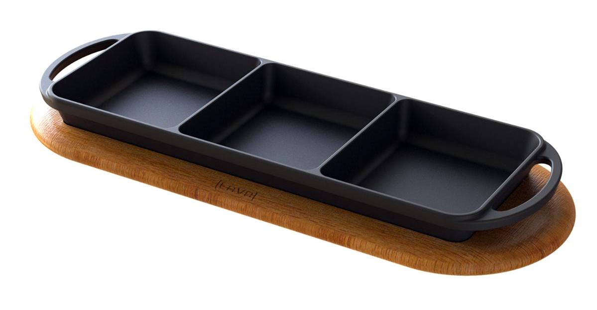 Lava Ahşap Altlıklı 3 Bölmeli Döküm 12x33 cm Sahan Tava Siyah