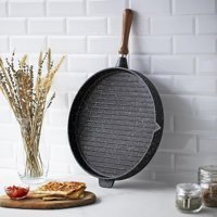 Nehir Ahşap Saplı Döküm 36 cm Grill Tava Siyah