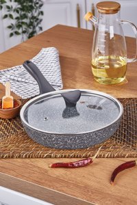 Taç Kapaklı Plastik Saplı Granit 24 cm Düz Tava Gri