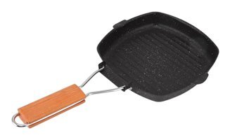 Leapiture Kare Ahşap Saplı Çelik 20x20 cm Grill Tava Siyah