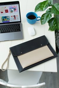Dk Leather 13-13.3-14 inç Deri Su Geçirmez Kılıf Laptop Çantası Krem-Siyah