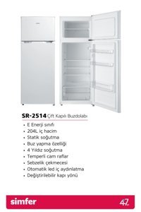 Simfer SR-2514 Çift Kapılı Statik E 204 lt Klasik Beyaz Üstten Donduruculu Kombi Tipi Buzdolabı
