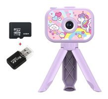 Tuomeng Mini Full HD Unicorn Desenli Kompakt Çocuk Dijital Fotoğraf Makinesi Mor