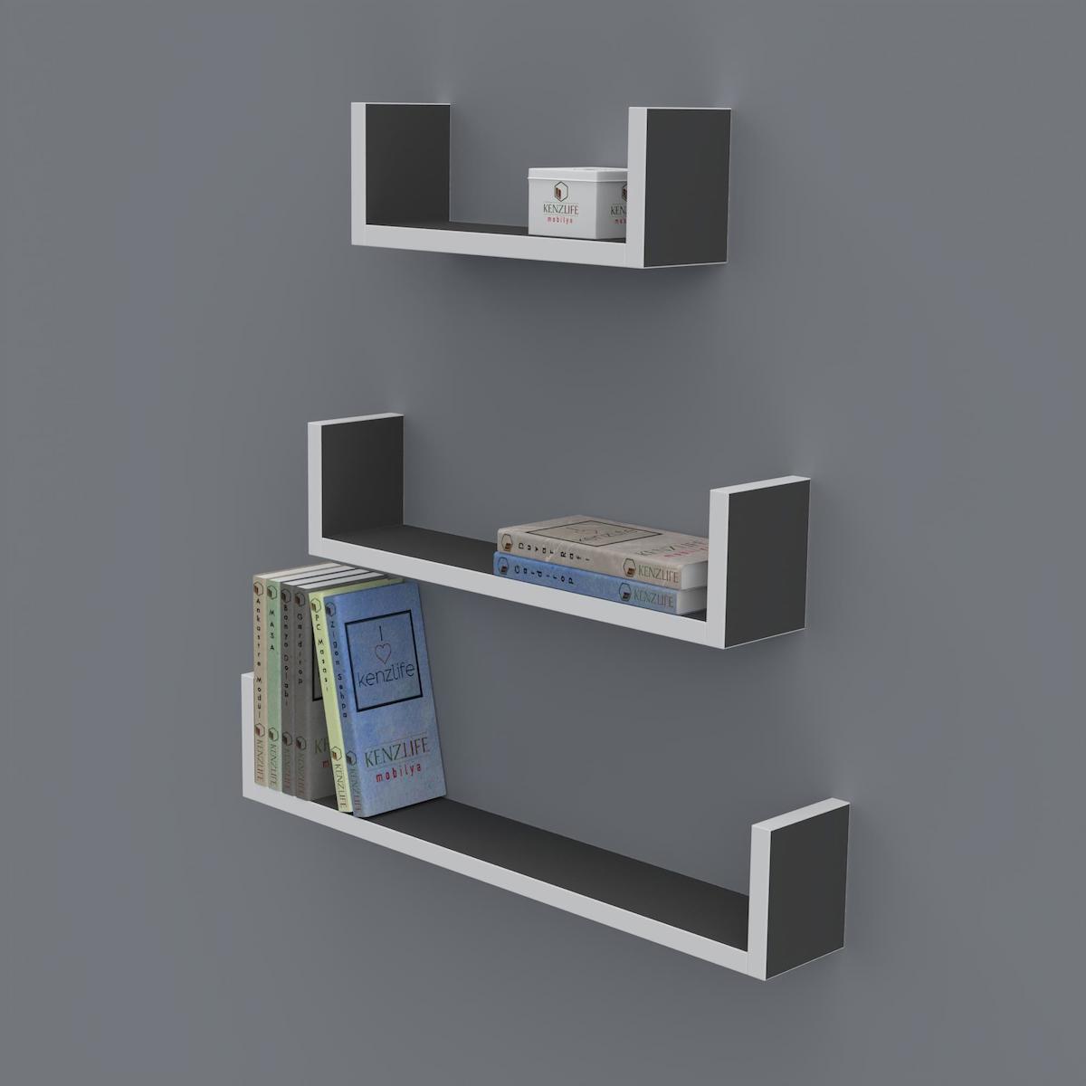 Kenzlife Müjgan 3 Bölmeli 3 Raflı Suntalam 60x45x30 cm Gri Kitaplık