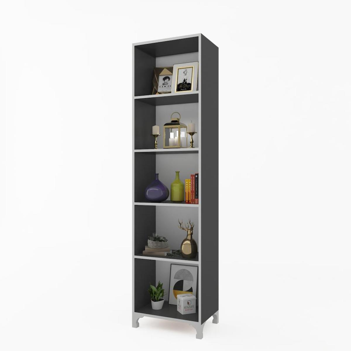 Kenzlife Tuğçe 5 Bölmeli 5 Raflı Suntalam 168x30x20 cm Gri Kitaplık