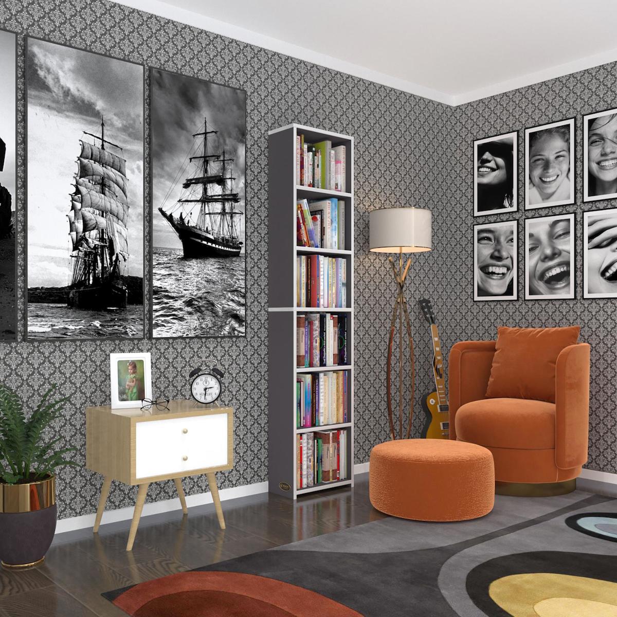 Kenzlife Süper Ga Tek Bölmeli 6 Raflı Suntalam 180x40x19 cm Gri Kitaplık