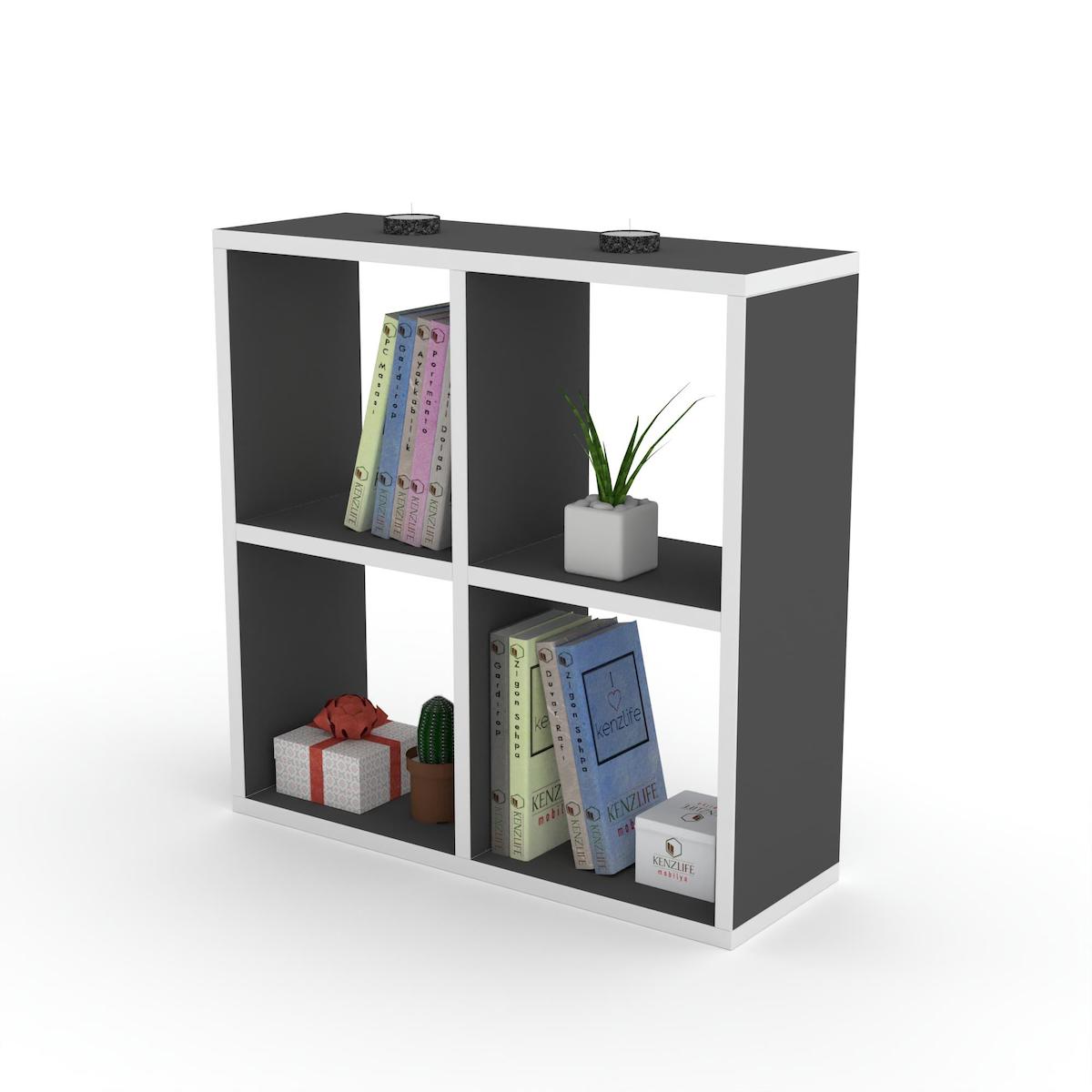 Kenzlife Gülbin 4 Bölmeli 4 Raflı Suntalam 60x60x20 cm Gri Kitaplık