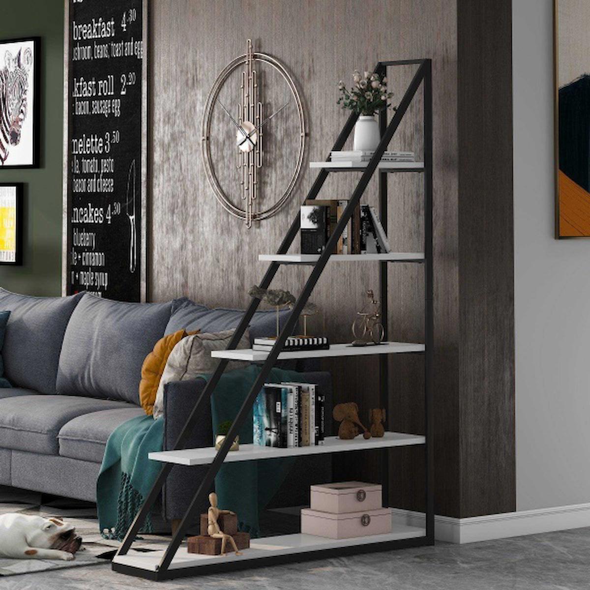 Zizuva Tasarım 5 Bölmeli 5 Raflı Metal 180x120x40 cm Beyaz-Siyah Kitaplık