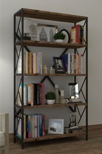 Larem Mobilya Dekoratif 5 Bölmeli 5 Raflı Metal 150 cm Ceviz Kitaplık