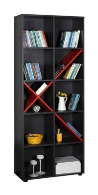 Adore Mobilya Dekoratif 10 Bölmeli 10 Raflı Ahşap 75x188x30 cm Antrasit-Kırmızı Kitaplık