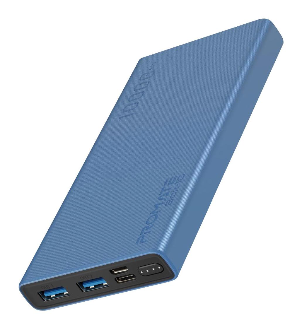 Promate Bolt-10 10000 mAh Hızlı Şarj Dijital Göstergeli USB Çoklu Bağlantı Powerbank Mavi