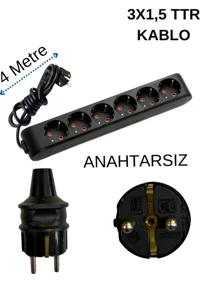 Avarson Topraklı 6'lı 4 m Grup Priz Siyah