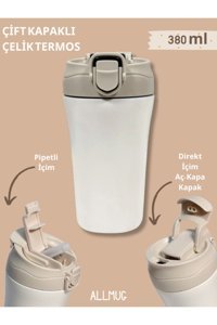Allmug Paslanmaz Çelik Pipetli Outdoor Matara Termos Beyaz