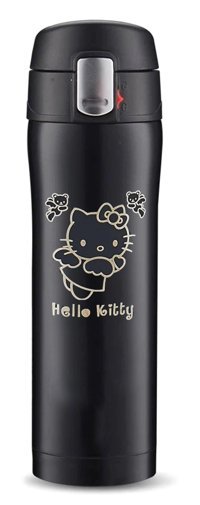 Tusah Hello Kity Desenli Paslanmaz Çelik 450 ml Outdoor Matara Termos Siyah