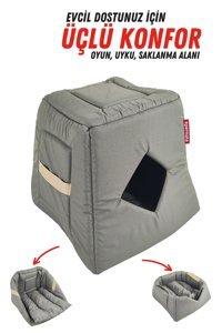Xpermate Mağara Dikdörtgen Tek Katlı Su Geçirmez İç Mekan Polyester Kumaş Kedi Evi Antrasit