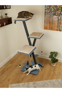 Sofa Mimarlık Kule Kule Tipi Tırmalamalı 3 Katlı İç Mekan Kayın Masif Kedi Evi Mavi