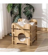 Proscreen Teraslı Kare 2 Katlı İç Mekan Ahşap Kedi Evi Doğal Ahşap