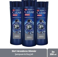 Clear Men Onarıcı Arındırıcı Tüm Saçlar Düz Saçlar İçin Kömür Kremsiz 3'ü 1 Arada Şampuan 3x350 ml
