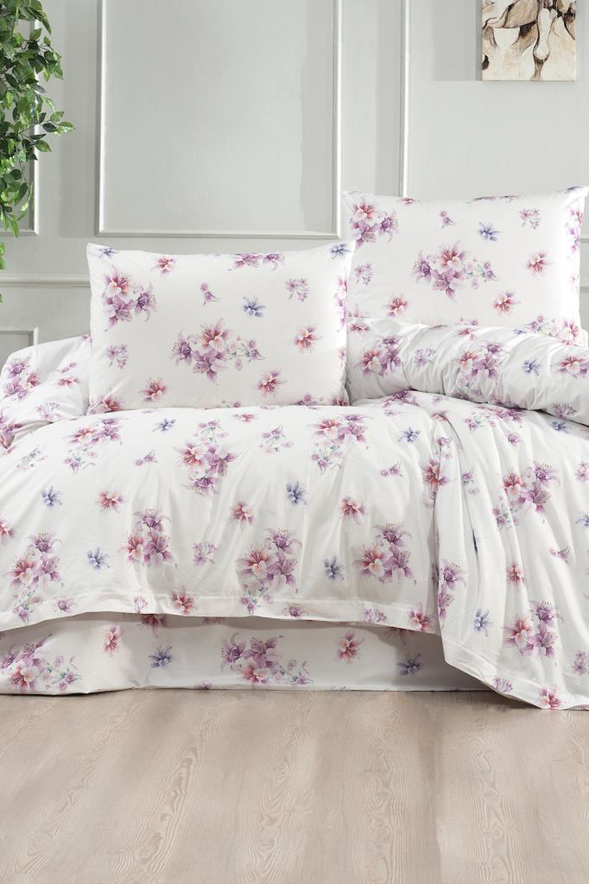 Çeyiz Diyarı Aynur Pamuk Dört Mevsim 200x220 cm Çarşaflı Lastiksiz Desenli Çift Kişilik Nevresim Takımı Beyaz