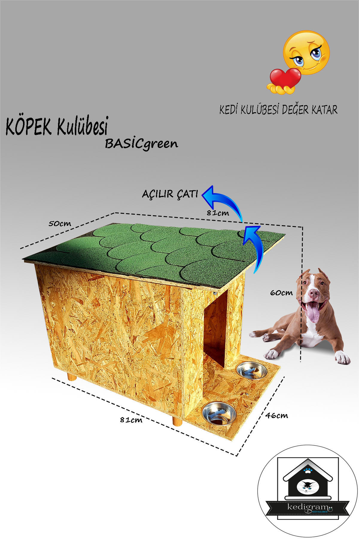 Basicgreen Açılır Çatılı+Mama Kabı Dış Mekan Ahşap Köpek Kulübesi