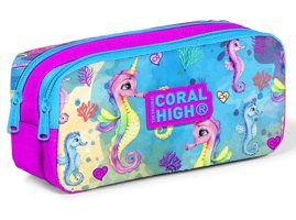 Coral High Mavi Baskılı Kumaş Bölmeli Çift Gözlü Deniz Atı Oval Cüzdan Kalem Kutusu