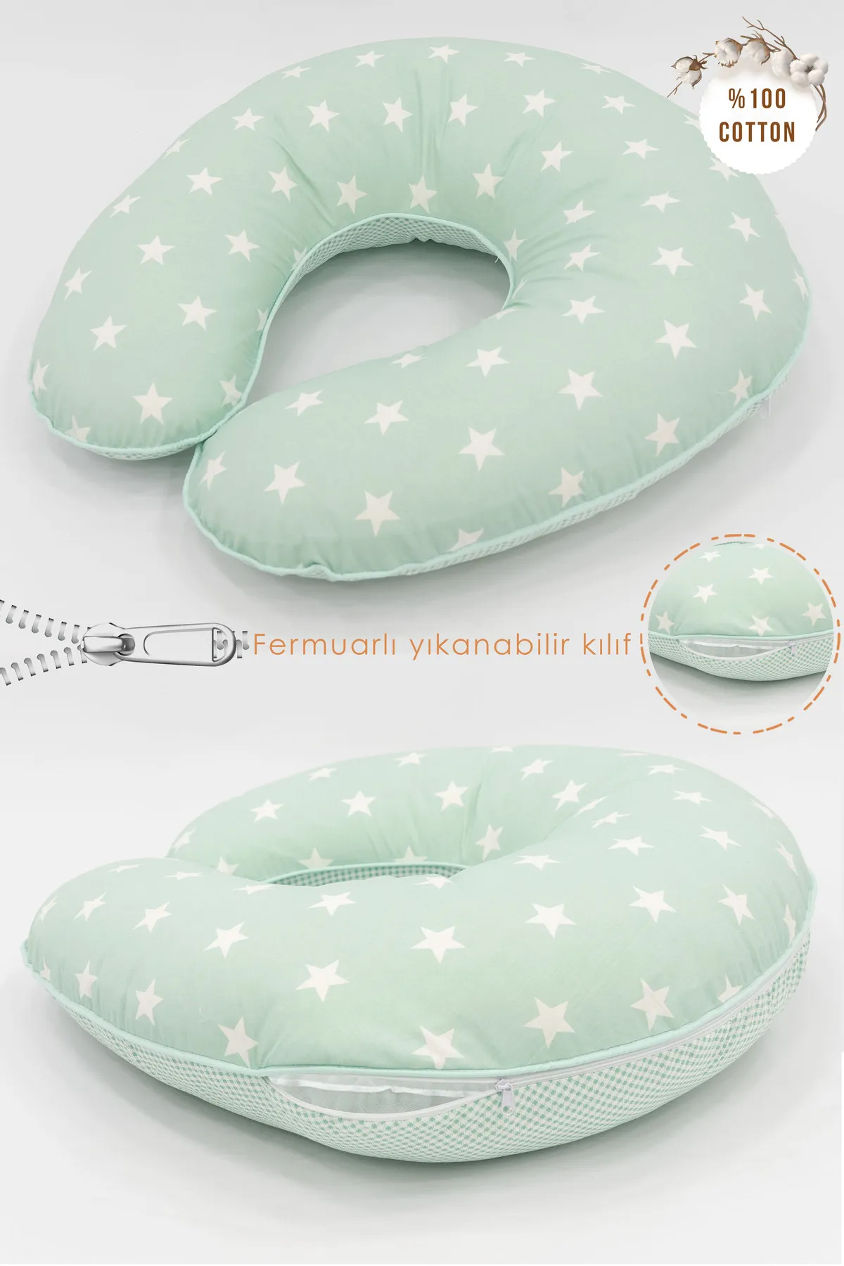 Mordesign Yıldız Desen Elyaf Sırt Destekli Yıkanabilir Mint Emzirme Yastığı