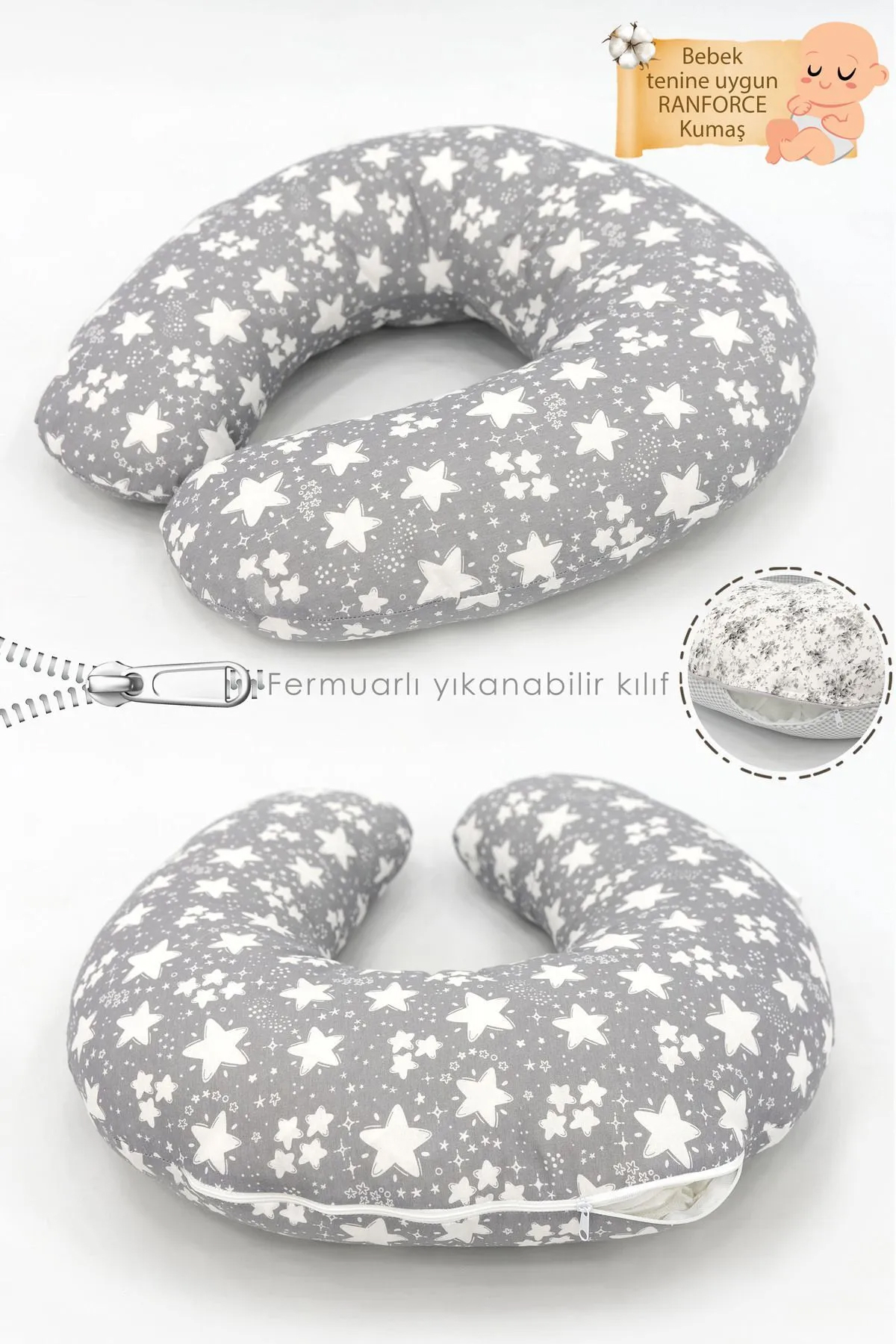 Mordesign Big Stars Serisi Pamuklu Sırt Destekli Yıkanabilir Gri Emzirme Yastığı