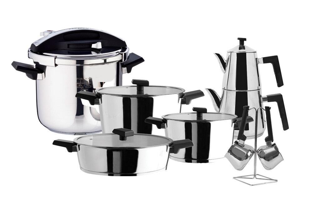 Porland Deluxe 15 Parça Cam Kapaklı Bakalit Saplı Çelik Tencere Seti