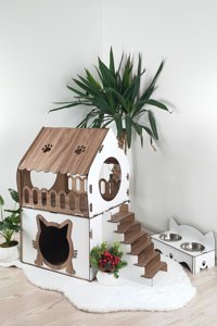 Digitus Kare 2 Katlı İç Mekan Ahşap Kedi Evi Kahverengi-Krem