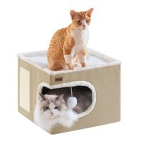 Garnpet Kare Tırmalamalı İki Katlı İç Mekan Kumaş Kedi Evi Krem Rengi