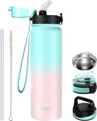 Goppus Spor Paslanmaz Çelik 1 lt Pipetli Outdoor Şişe Termos Yeşil - Pembe
