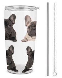 Yhegbfd Fransız Bulldog Paslanmaz Çelik 590 ml Pipetli Outdoor Bardak Termos Beyaz - Mavi
