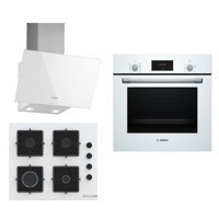 Bosch HBF512BW1T - POP6C2P30O - DWK63PJ20T Dijital Doğalgazlı Cam Klasik Set Üstü Davlumbaz 3'lü Ankastre Set Beyaz