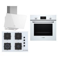 Bosch HBF512BW1T - POP7C2P30O - DWK63PJ20T Dijital Doğalgazlı Cam Klasik Set Üstü Davlumbaz 3'lü Ankastre Set Beyaz