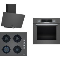 Bosch HBF534EH3T - POP6C9O10O - DWK64PJ70T Dijital Doğalgazlı Cam Klasik Set Üstü Davlumbaz 3'lü Ankastre Set Gri
