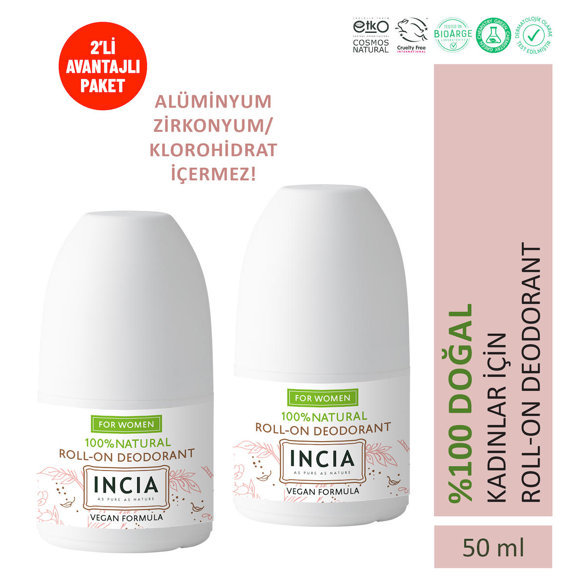 Incia Vegan Pudrasız Ter Önleyici Organik Roll-On Kadın Deodorant 2x50 ml