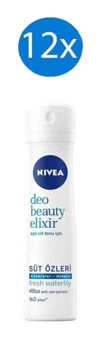 Nivea Beauty Elixir Fresh Waterlily Pudrasız Ter Önleyici Antiperspirant Sprey Kadın Deodorant 12x150 ml
