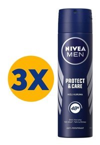 Nivea Protect & Care Pudralı Ter Önleyici Antiperspirant Sprey Erkek Deodorant 3x150 ml