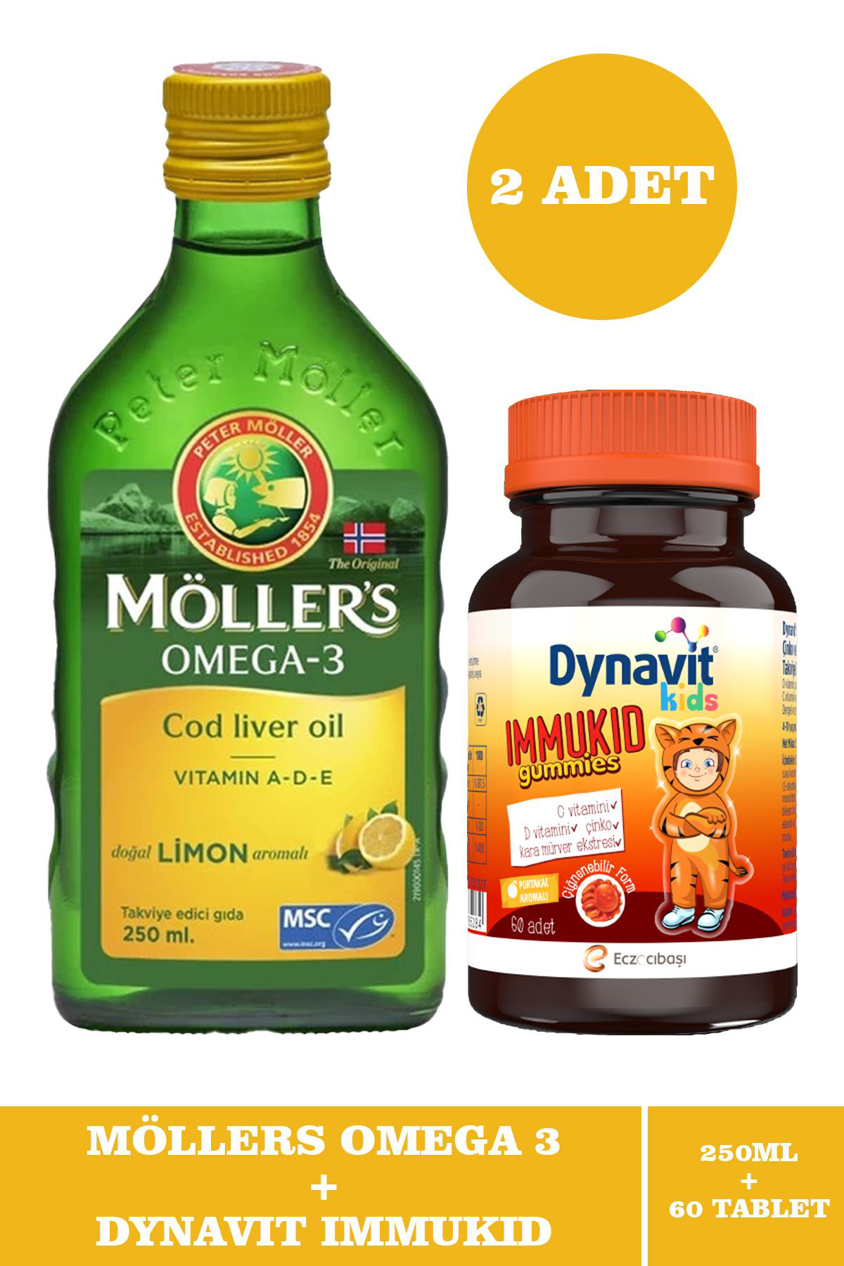 Möller's Limonlu Balık Yağı 250 ml + Dynavit Kids 60 Tablet Omega 3 Şurup 250 ml 2 Adet