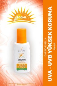 Carino E Bella 50 Faktör Tüm Ciltler İçin Leke Karşıtı Ton Eşitleyici Yağsız Yüz Güneş Kremi 200 ml