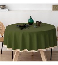 Zeren Home Pamuk-Polyester 180x180 cm Dertsiz Yuvarlak Masa Örtüsü Bej-Yeşil