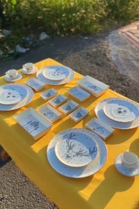Porland Forest 26 Parça 6 Kişilik Beyaz-Gri Desenli Porselen Kahvaltı Takımı