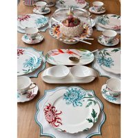 Rossev Fleur 42 Parça 6 Kişilik Beyaz-Bordo-Mavi Desenli Porselen Kahvaltı Takımı